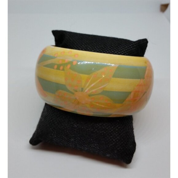 VINTAGE wooden pastel Hawaiian floral art bangle bracelet boho - Picture 2 of 4